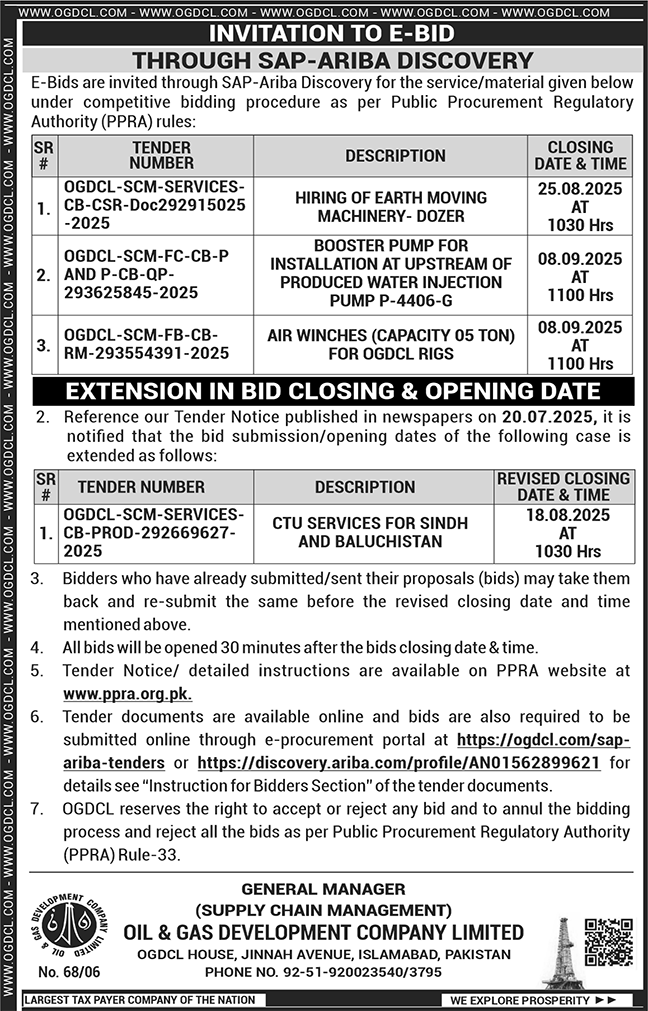 Oil & Gas Development Company Limited Islamabad Tender Notice